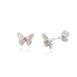 Bild von Schmetterling Kinderohrstecker Silber 925 handlackiert Zirkonia Steine pink