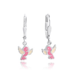 Bild von Vögelchen Ohrringe hängend Silber 925 pink/ weiß handlackiert mit Sicherheitsverschluss
